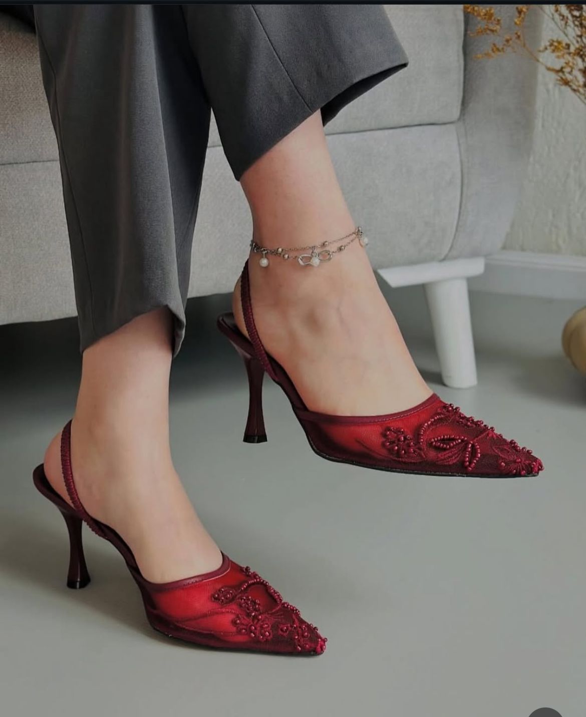 ZARA MESH FLORAL EMBROIDERED SLINGBACK HEEL