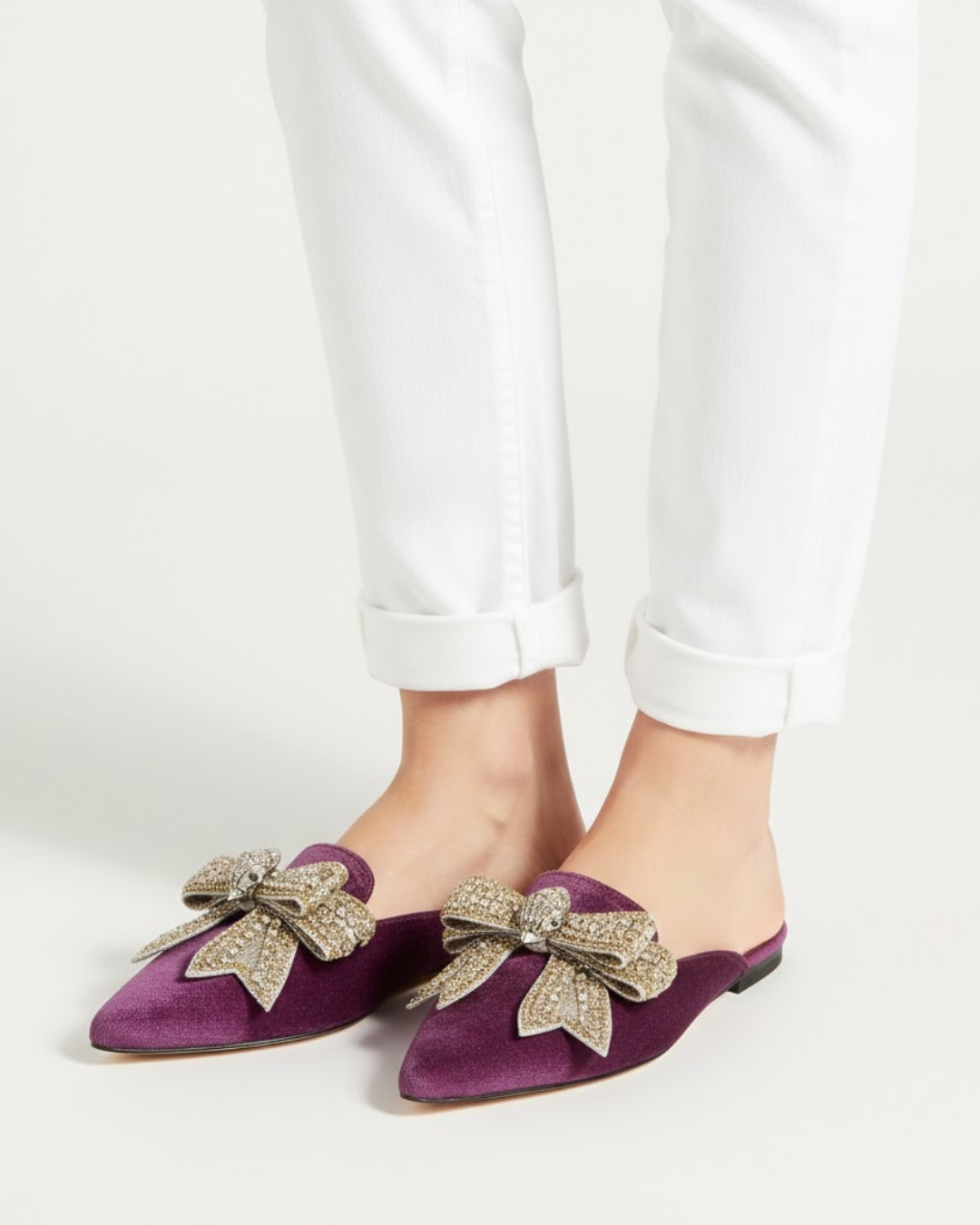 Fioure Luxury Velvet Crystal Bow Flat Mules