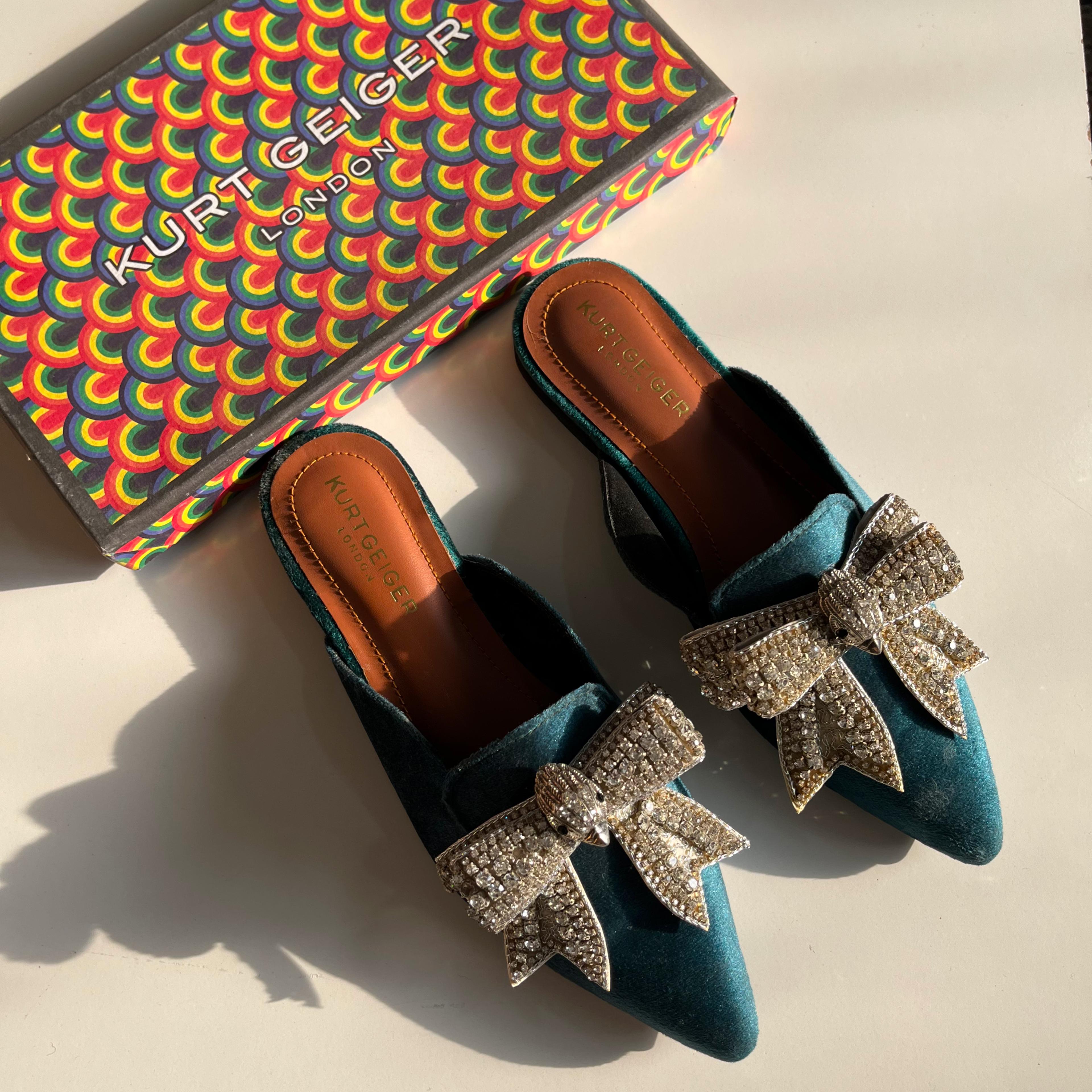 Fioure Luxury Velvet Crystal Bow Flat Mules