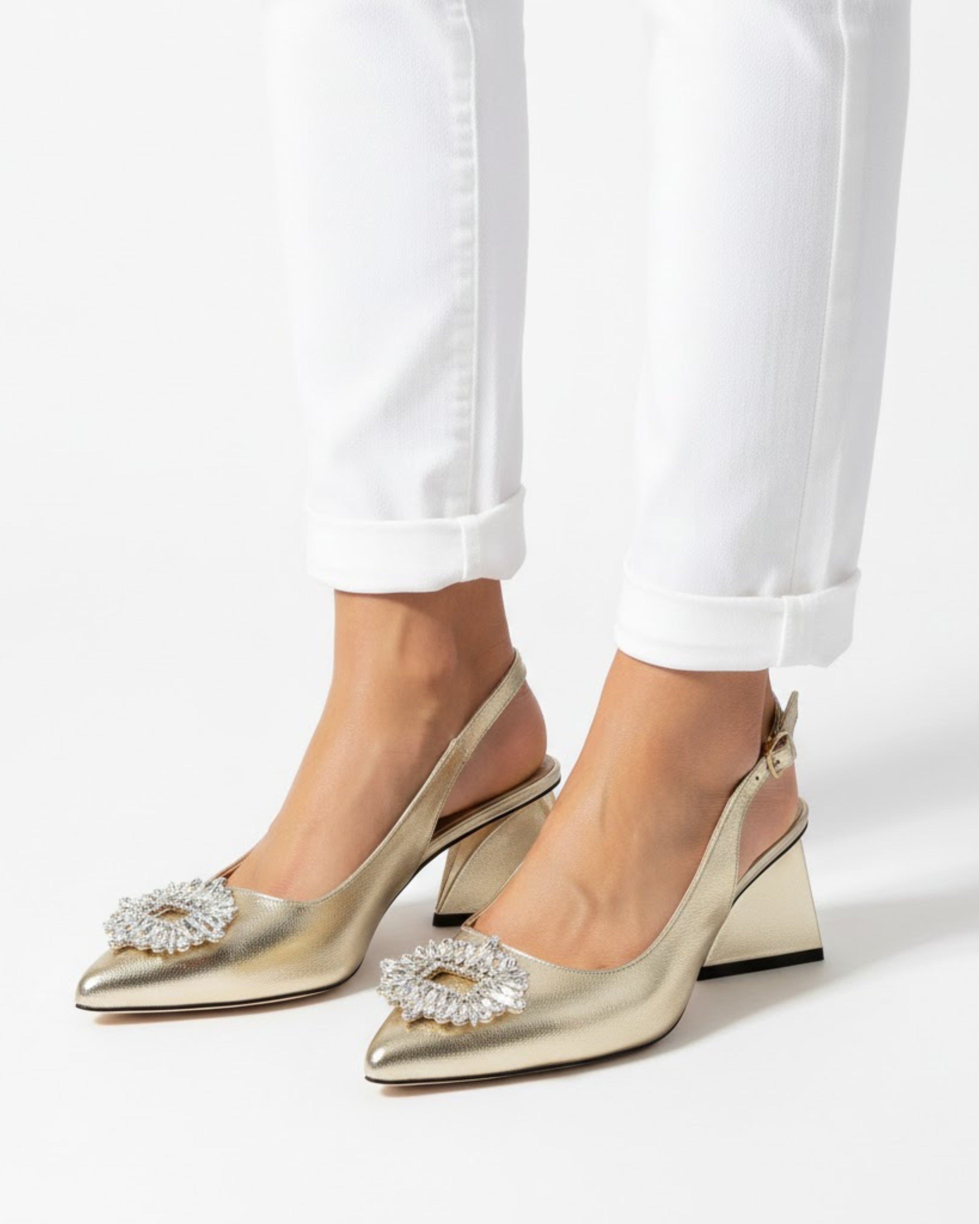 Fioure Luxury Crystal Embellished Metallic Slingback Heels