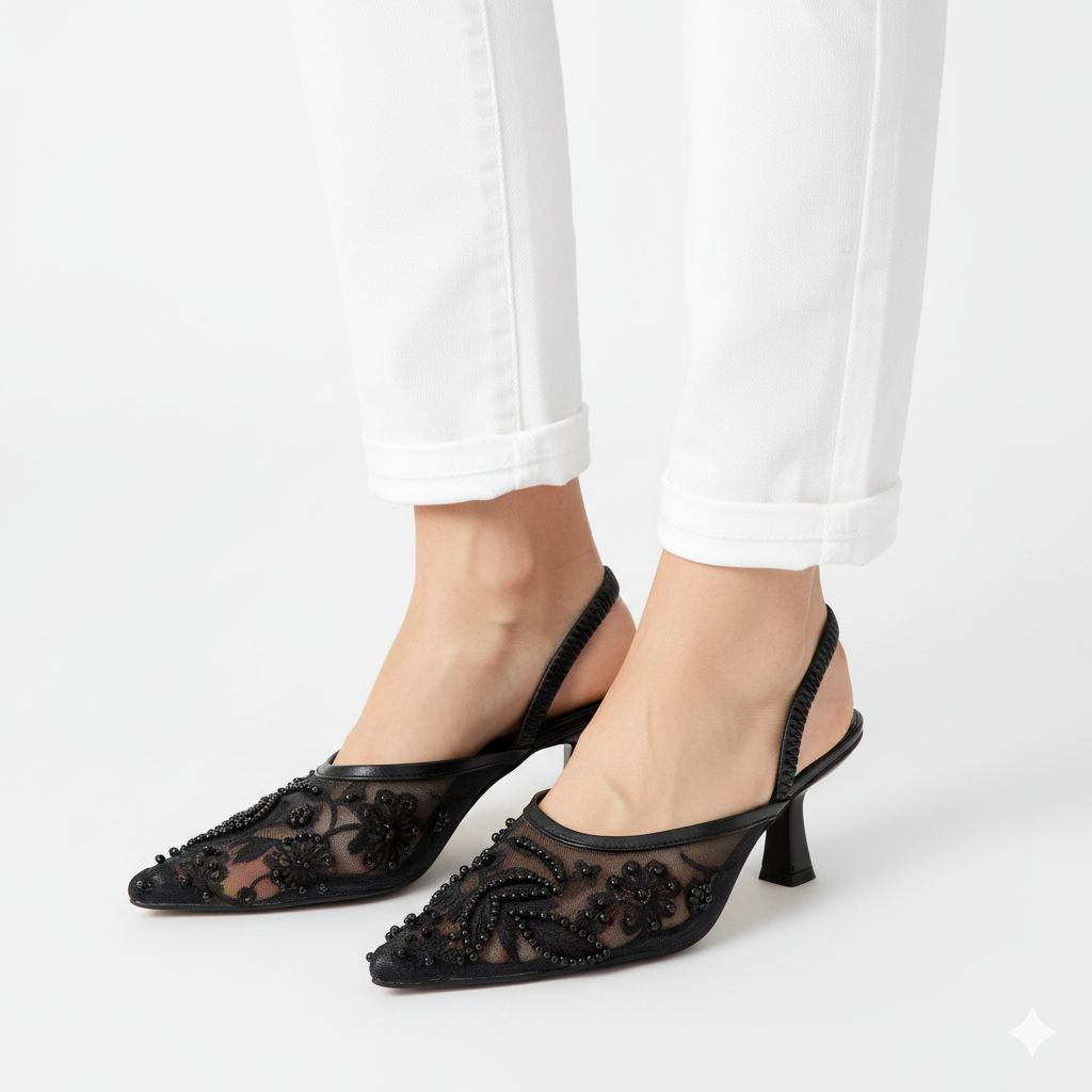 ZARA MESH FLORAL EMBROIDERED SLINGBACK HEEL