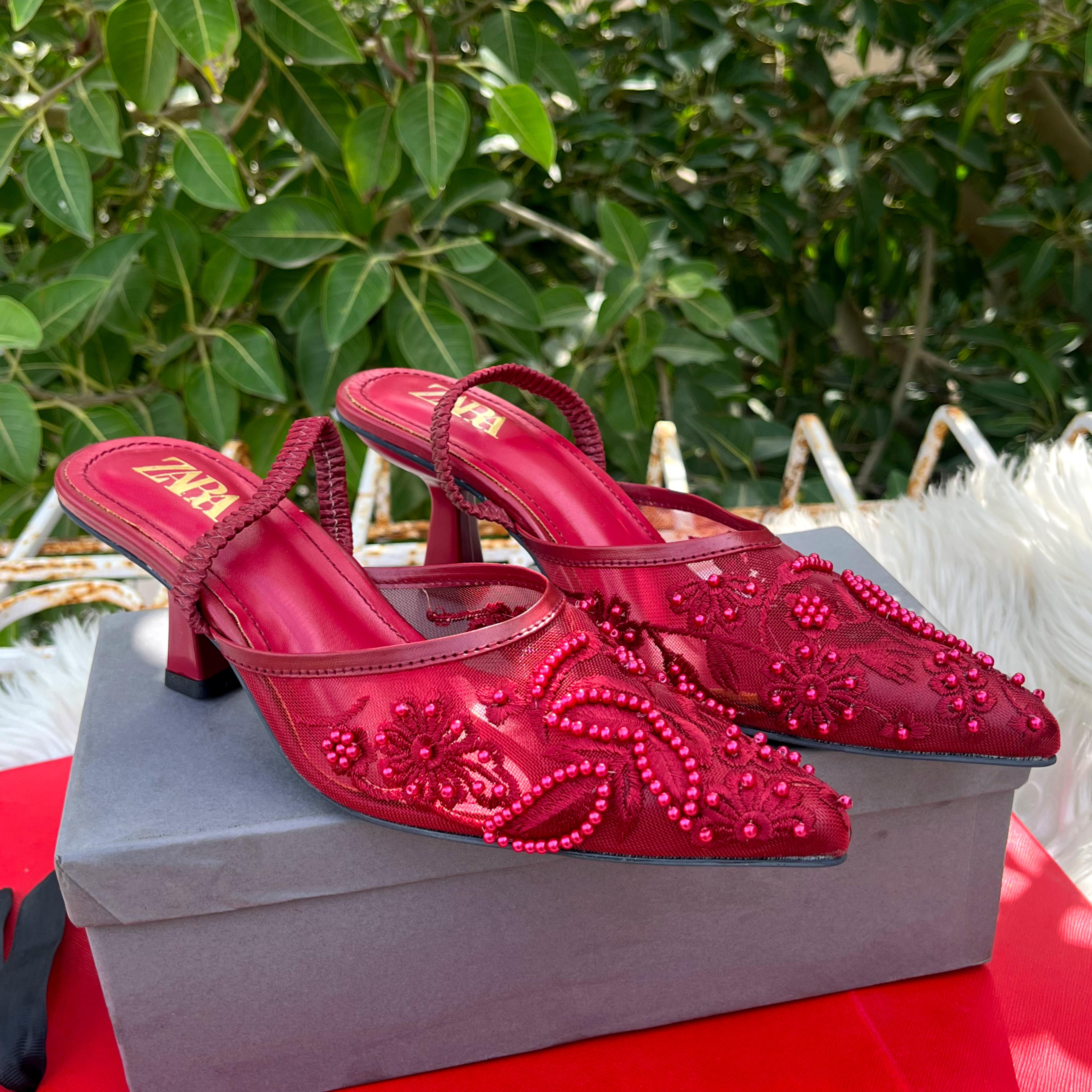 ZARA MESH FLORAL EMBROIDERED SLINGBACK HEEL