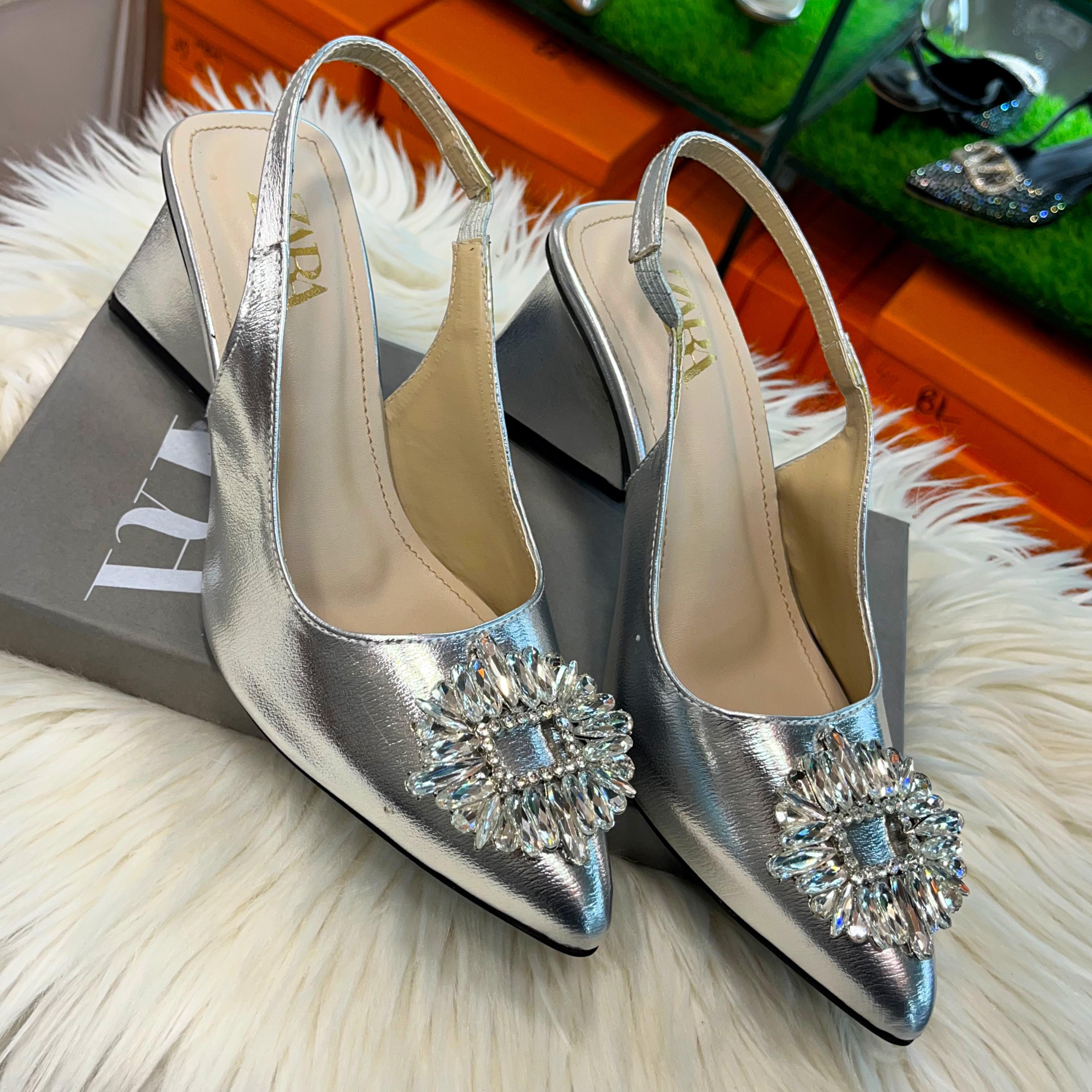 Fioure Luxury Crystal Embellished Metallic Slingback Heels