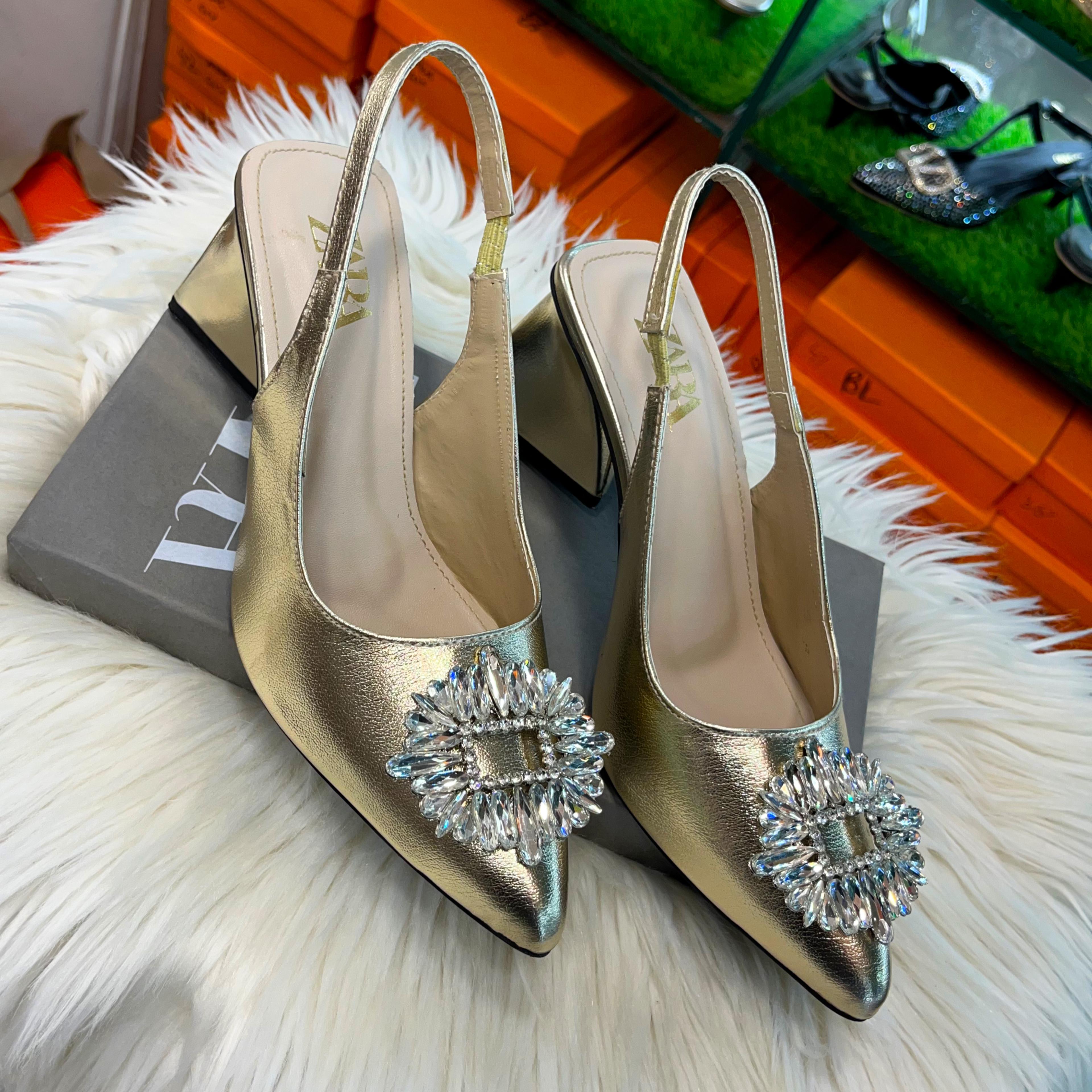 Fioure Luxury Crystal Embellished Metallic Slingback Heels