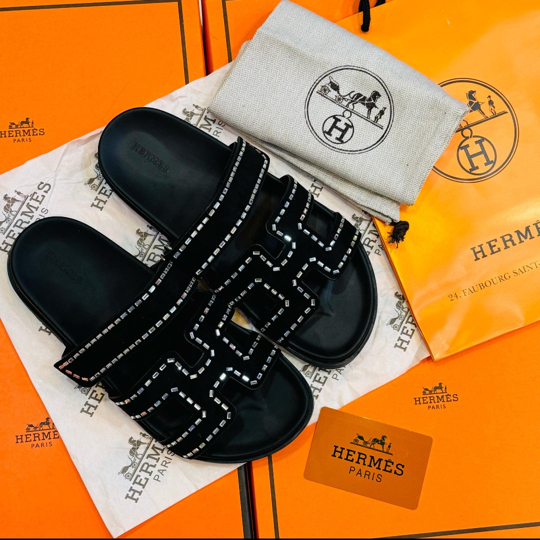 HERMES Sparkle Chypre Satin Stone Flats